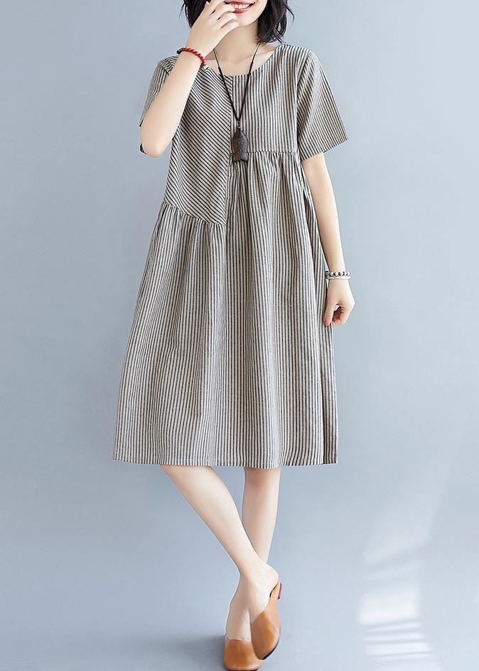 Women striped quilting clothes o neck patchwork Art summer Dress - SooLinen