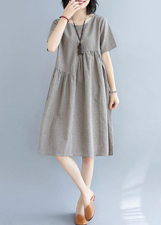 Women striped quilting clothes o neck patchwork Art summer Dress - SooLinen