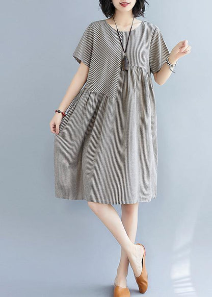 Women striped quilting clothes o neck patchwork Art summer Dress - SooLinen