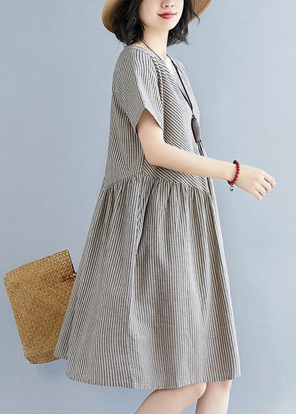 Women striped quilting clothes o neck patchwork Art summer Dress - SooLinen