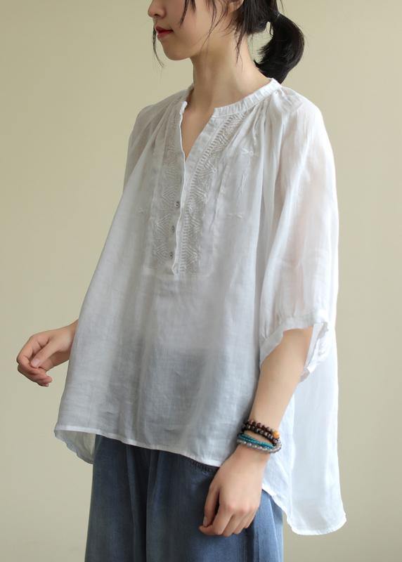 Women summer v neck cotton clothes For Women white short shirt - SooLinen