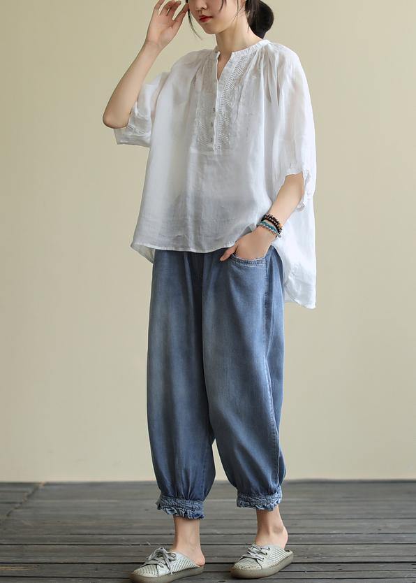 Women summer v neck cotton clothes For Women white short shirt - SooLinen