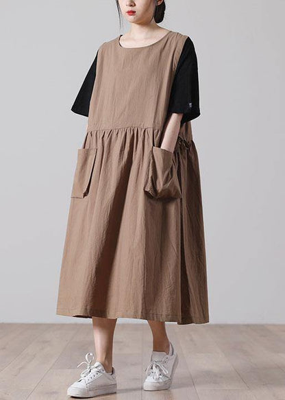 Women tie waist Khaki Cotton big hem Summer Holiday Dress - SooLinen