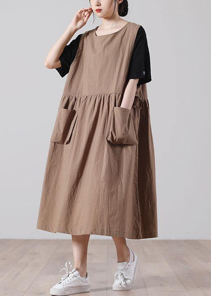 Women tie waist Khaki Cotton big hem Summer Holiday Dress - SooLinen