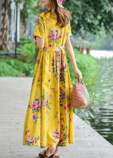 Women tie waist cotton quilting dresses design yellow print Dresses summer - SooLinen