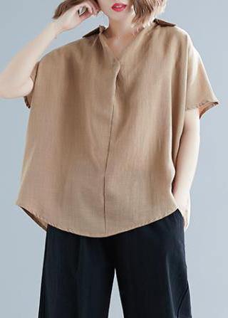 Women v neck Button Down linen shirts women Plus Size Gifts khaki tunic blouses Summer - SooLinen
