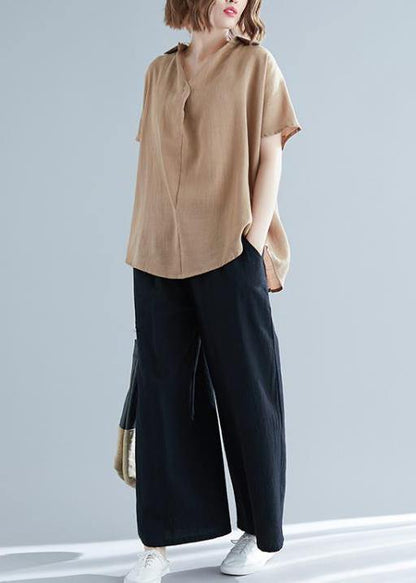 Women v neck Button Down linen shirts women Plus Size Gifts khaki tunic blouses Summer - SooLinen