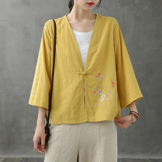 Women v neck Chinese Button tops blouses pattern yellow shirts - SooLinen