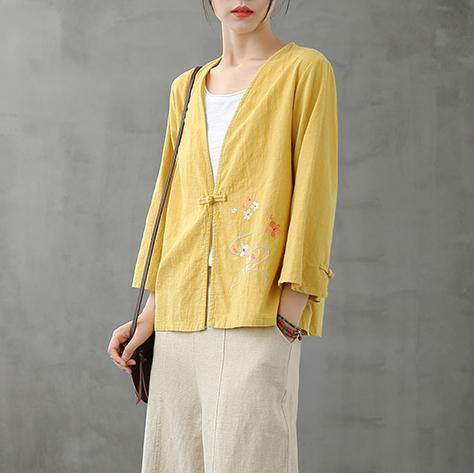 Women v neck Chinese Button tops blouses pattern yellow shirts - SooLinen