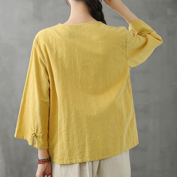 Women v neck Chinese Button tops blouses pattern yellow shirts - SooLinen