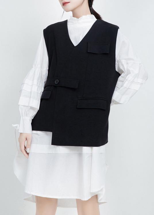 Women V Neck Fine Sleeveless Outwear Black Silhouette Women Coats - SooLinen
