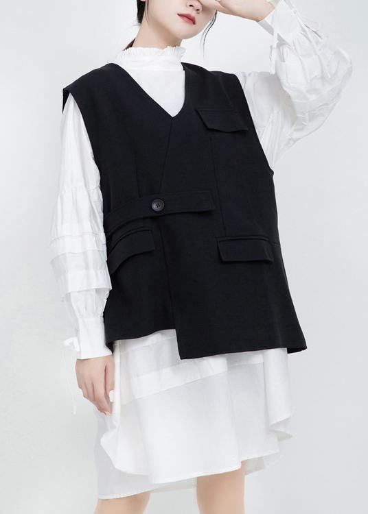 Women V Neck Fine Sleeveless Outwear Black Silhouette Women Coats - SooLinen