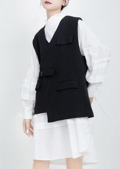 Women V Neck Fine Sleeveless Outwear Black Silhouette Women Coats - SooLinen