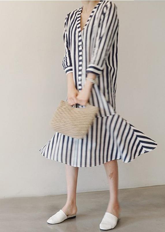 Women v neck Ruffles Cotton clothes Neckline striped Dresses - SooLinen