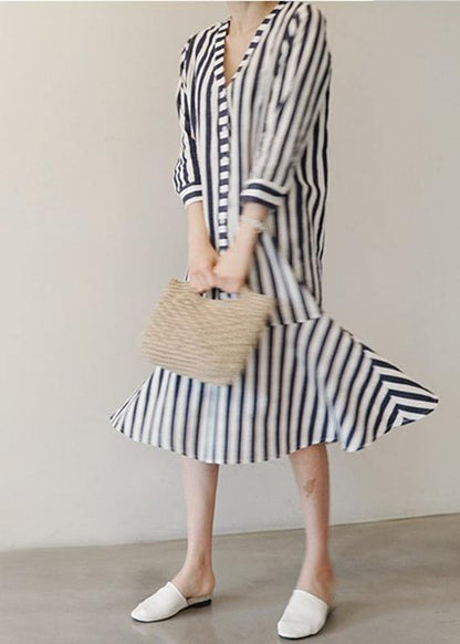 Women v neck Ruffles Cotton clothes Neckline striped Dresses - SooLinen