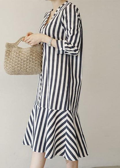 Women v neck Ruffles Cotton clothes Neckline striped Dresses - SooLinen