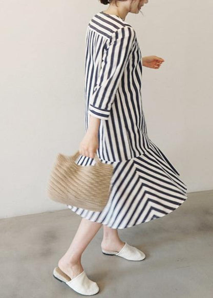 Women v neck Ruffles Cotton clothes Neckline striped Dresses - SooLinen