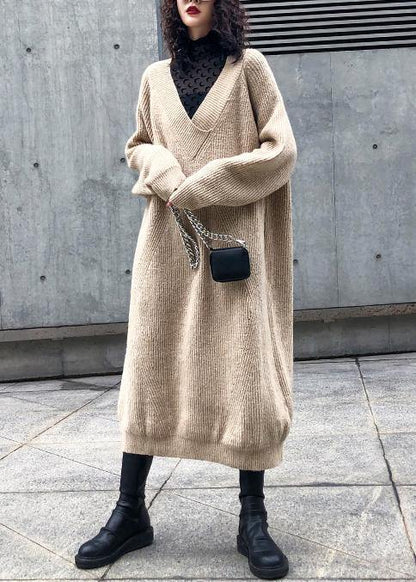 Women v neck Sweater dress outfit Largo khaki tunic sweater dress - SooLinen