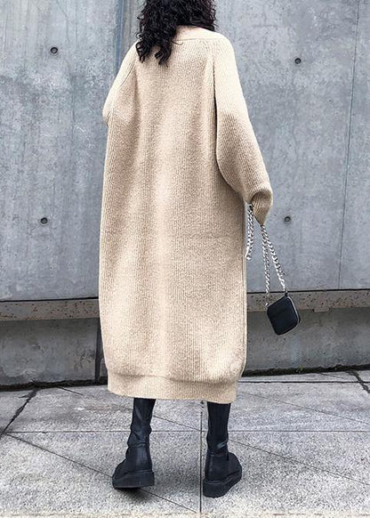 Women v neck Sweater dress outfit Largo khaki tunic sweater dress - SooLinen