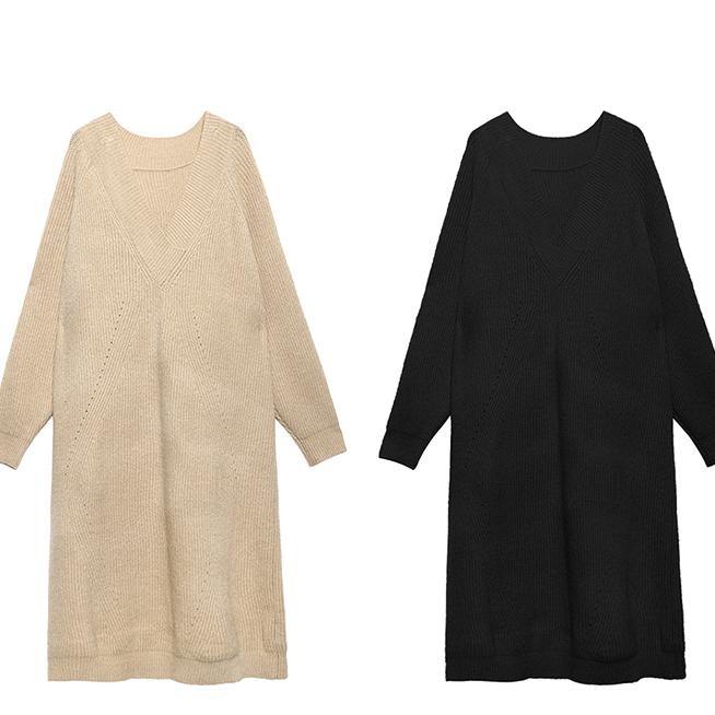 Women v neck Sweater dress outfit Largo khaki tunic sweater dress - SooLinen