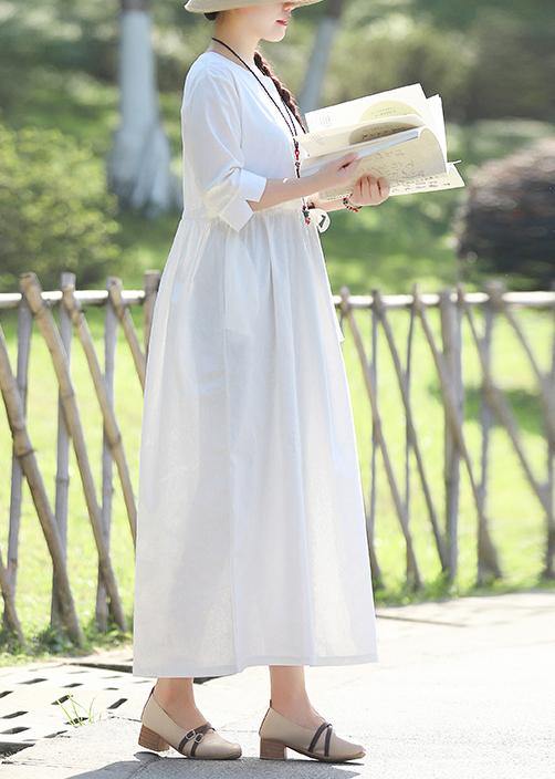 Women v neck Three Quarter sleeve linen cotton Long Shirts Vintage Tutorials white Traveling Dresses Summer - SooLinen