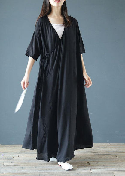 Women v neck asymmetric cotton summer Tunics pattern black Maxi Dresses - SooLinen
