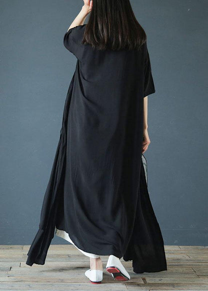 Women v neck asymmetric cotton summer Tunics pattern black Maxi Dresses - SooLinen