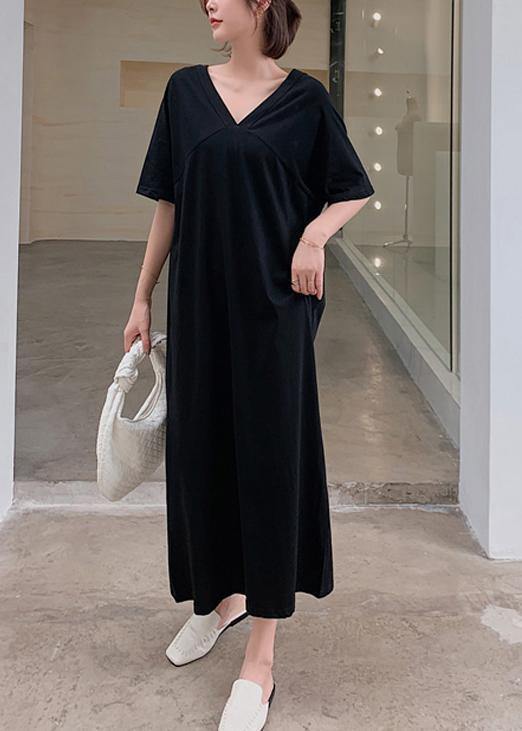 Women v neck back side open summer quilting clothes Tutorials black Kaftan Dress - SooLinen