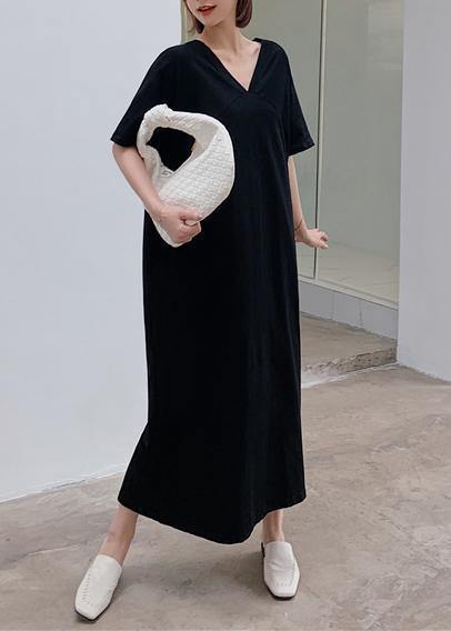 Women v neck back side open summer quilting clothes Tutorials black Kaftan Dress - SooLinen