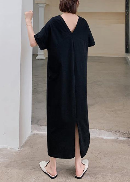 Women v neck back side open summer quilting clothes Tutorials black Kaftan Dress - SooLinen