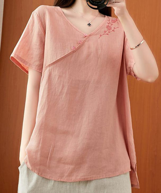Women v neck clothes For Women Sleeve pink embroidery tops - SooLinen