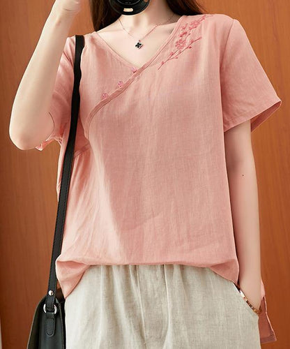 Women v neck clothes For Women Sleeve pink embroidery tops - SooLinen