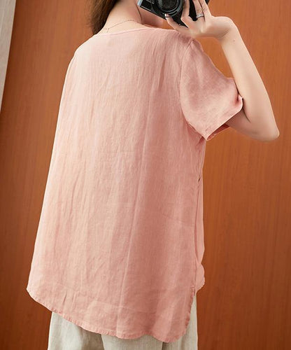 Women v neck clothes For Women Sleeve pink embroidery tops - SooLinen