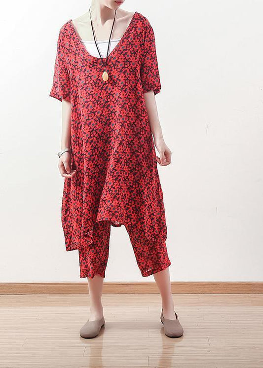 Damen V-Ausschnitt Cropped Hose Leinenkleidung Für Damen Feine Outfits Rot Blumen Plus Size Zweiteiler Sommer
