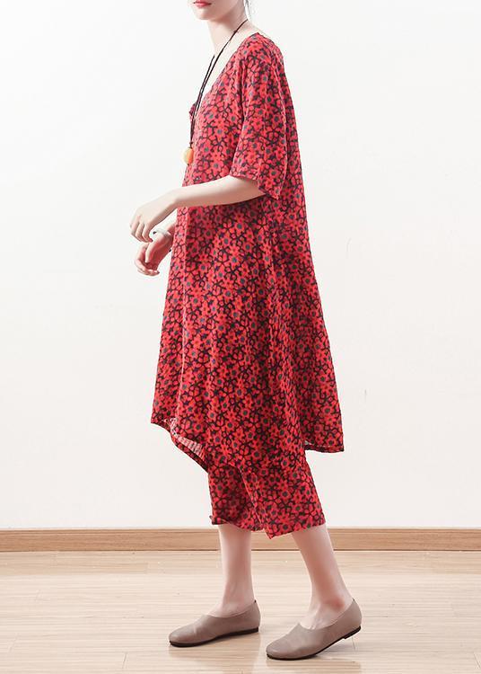 Damen V-Ausschnitt Cropped Hose Leinenkleidung Für Damen Feine Outfits Rot Blumen Plus Size Zweiteiler Sommer