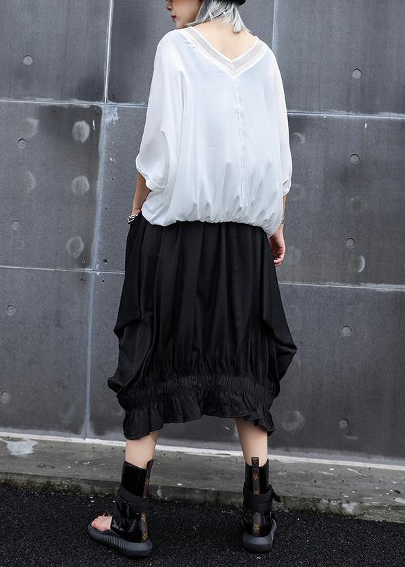 Women v neck drawstring cotton shirts Work black top summer - SooLinen