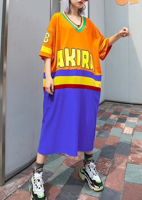 Women v neck half sleeve cotton clothes Inspiration orange blue patchwork Plus Size Dress summer - SooLinen