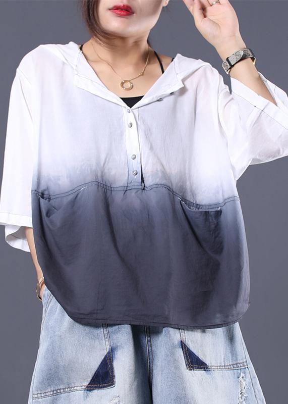 Women v neck hooded cotton clothes For Women white gradient color cotton summer shirts - SooLinen