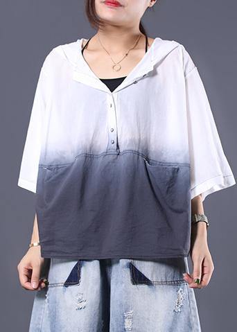Women v neck hooded cotton clothes For Women white gradient color cotton summer shirts - SooLinen