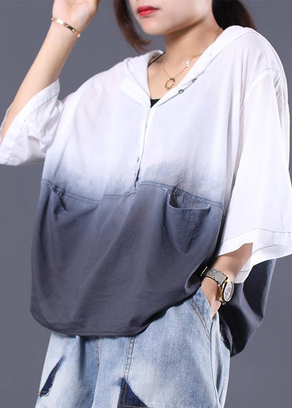 Women v neck hooded cotton clothes For Women white gradient color cotton summer shirts - SooLinen