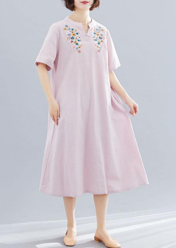 Women v neck linen clothes Neckline pink embroidery Dress summer - SooLinen