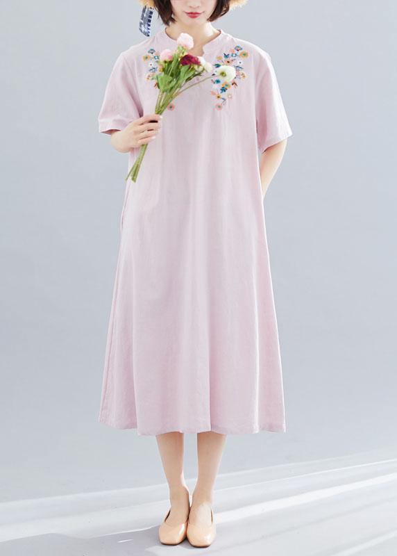 Women v neck linen clothes Neckline pink embroidery Dress summer - SooLinen