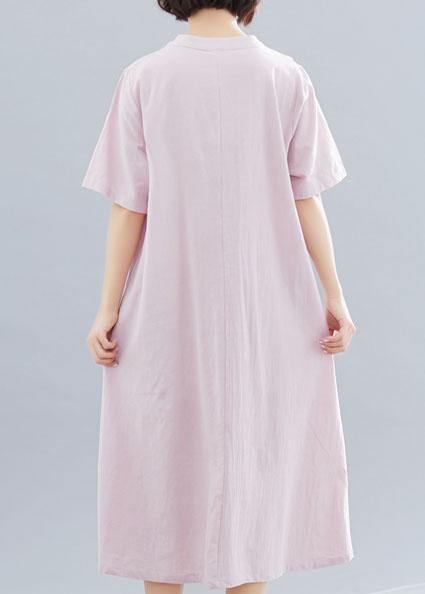 Women v neck linen clothes Neckline pink embroidery Dress summer - SooLinen