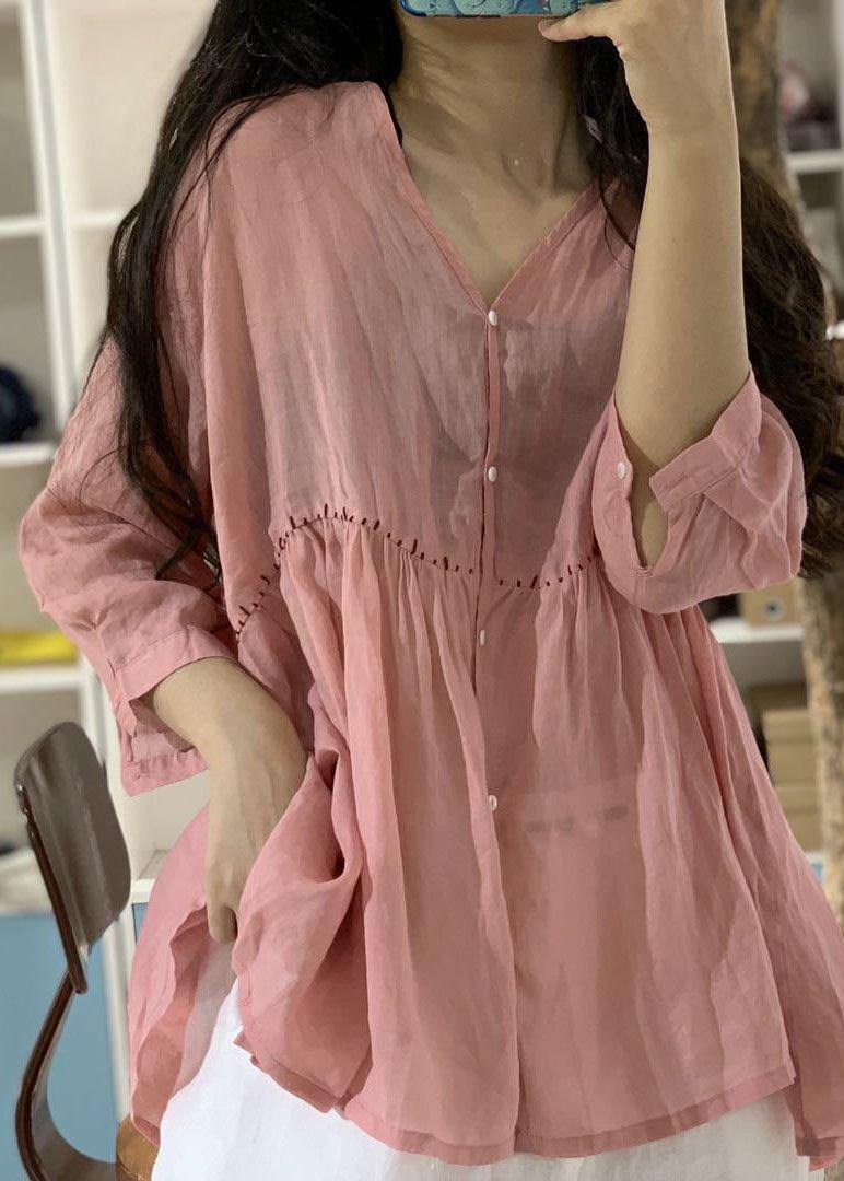 Women v neck linen shirts women pattern pink blouse fall - SooLinen