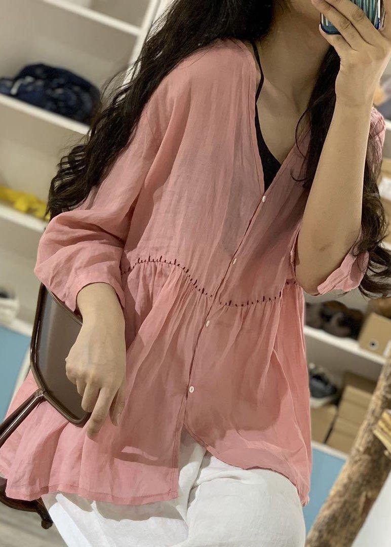 Women v neck linen shirts women pattern pink blouse fall - SooLinen