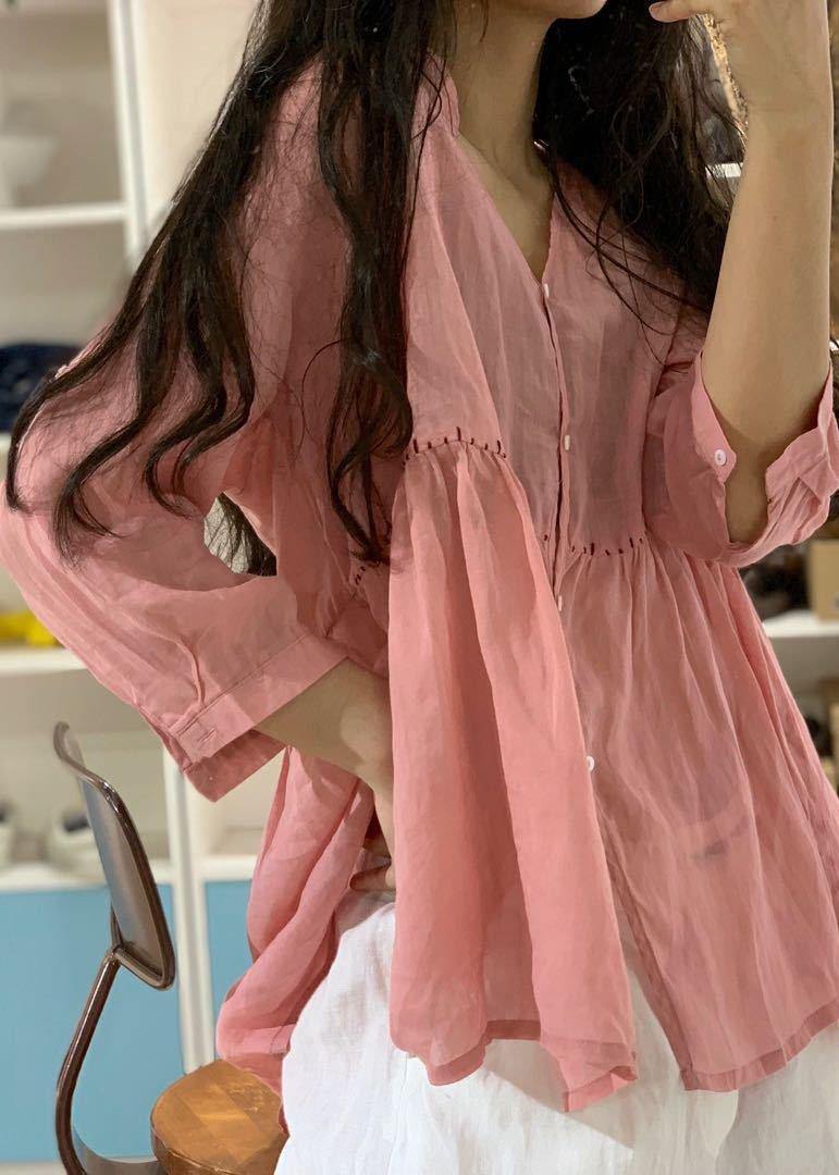 Women v neck linen shirts women pattern pink blouse fall - SooLinen