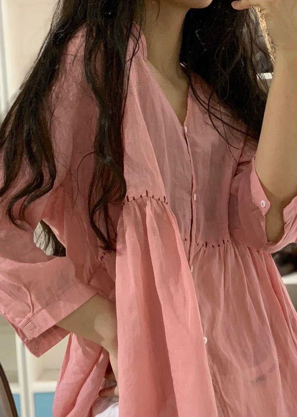 Women v neck linen shirts women pattern pink blouse fall - SooLinen