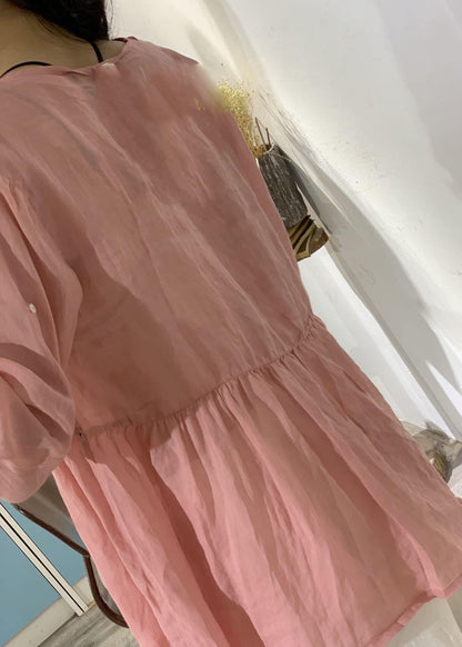 Women v neck linen shirts women pattern pink blouse fall - SooLinen