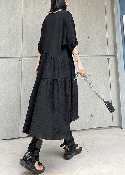 Women v neck low high design cotton summer black Kaftan Dress - SooLinen