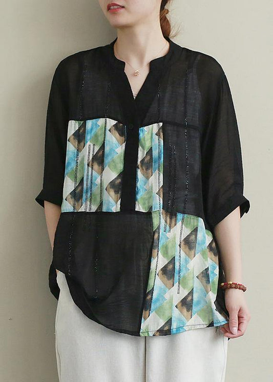 Women v neck patchwork cotton tops women black print Diamond top - SooLinen
